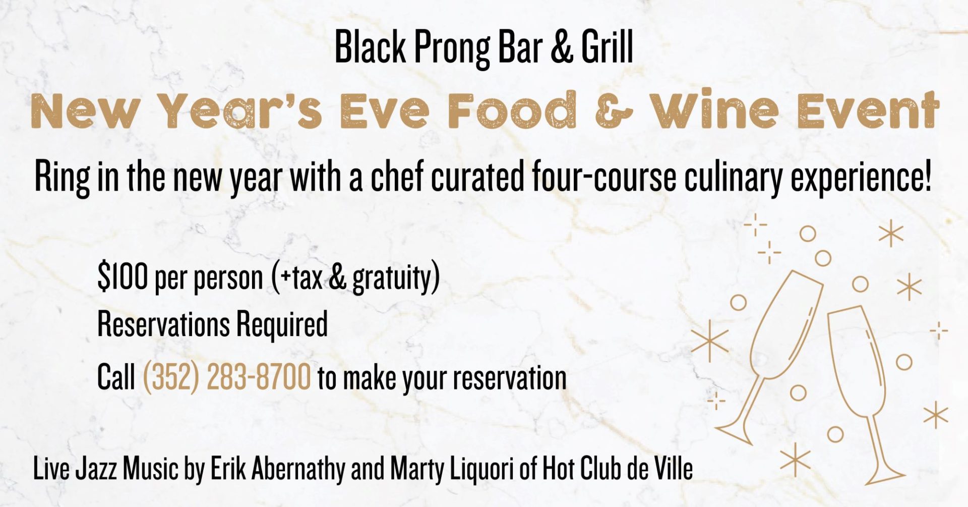 New Years Eve Food & Wine Event at Black Prong Bar & Grill