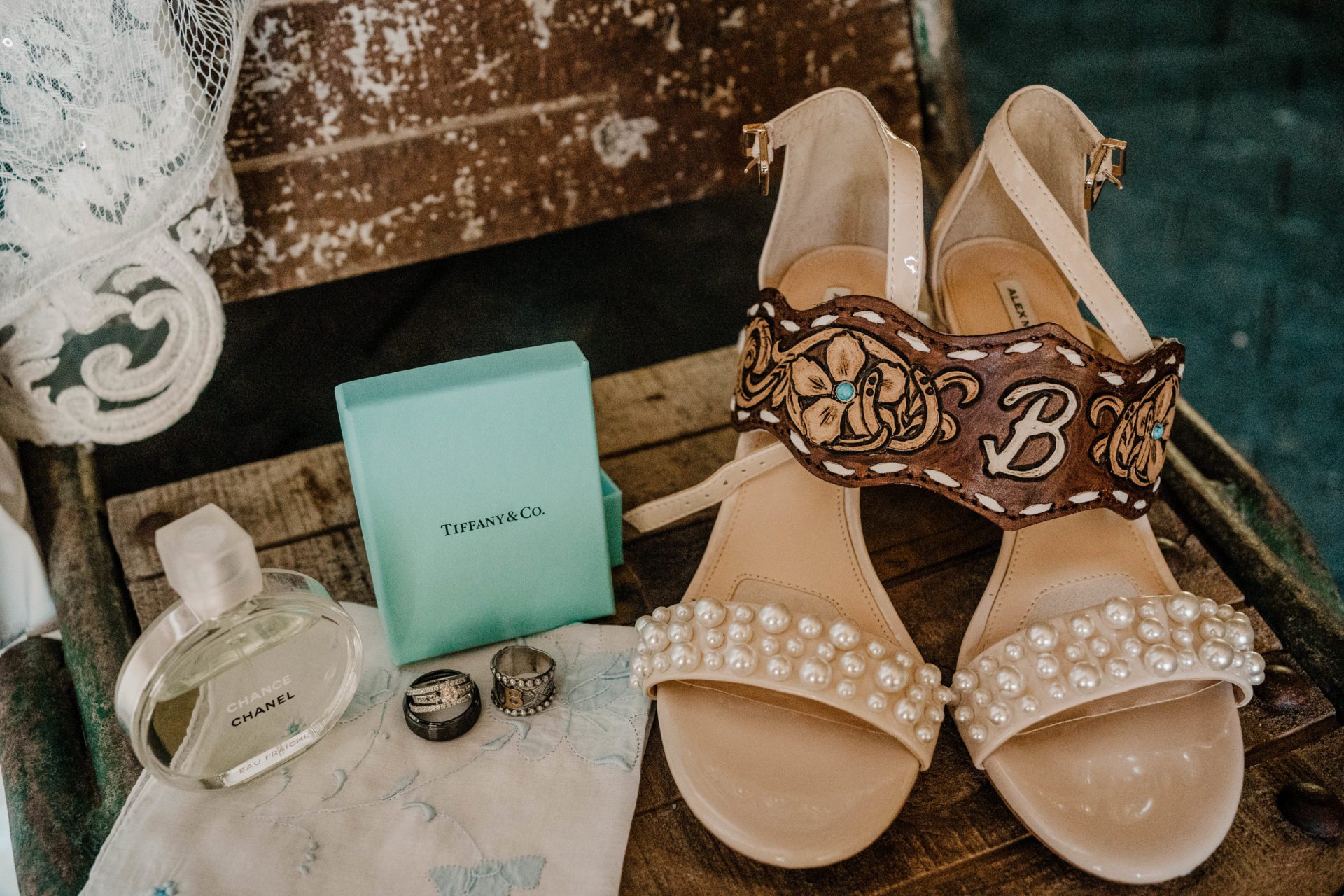 Wedding detail shot, showing shoes, rings, etc.