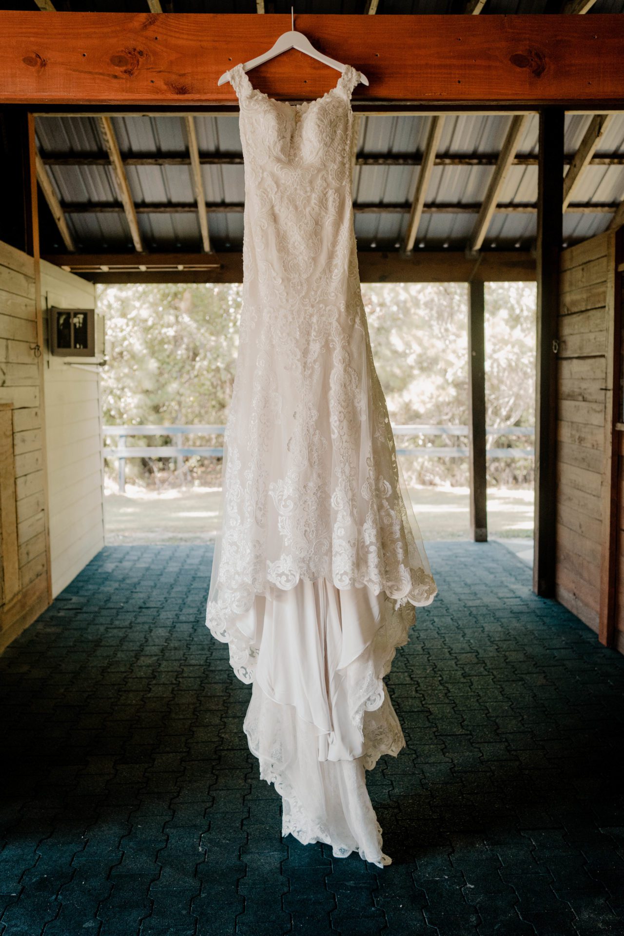 Wedding dress displayed.